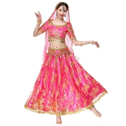 Halloween Women Belly Dance Wear Indian Dance Outfits Organza Embroidered Coins Bollywood Costume 4pcs Set (Top+Belt+Skirt+Veil)