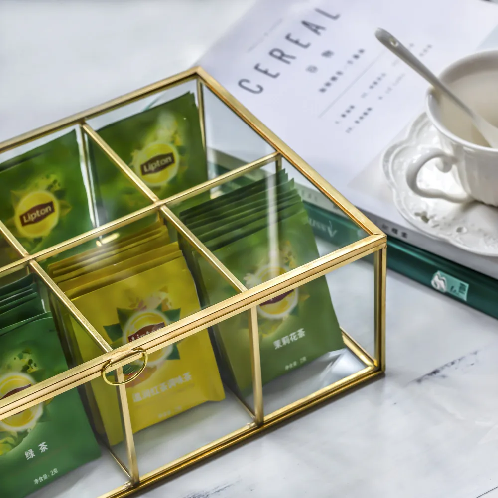 NCYP Modern 8 Grids Glass Tea Box Kitchen Organizer Transparent Glass Top Lid Coffee Bags Container Storage Case Square Gift Box