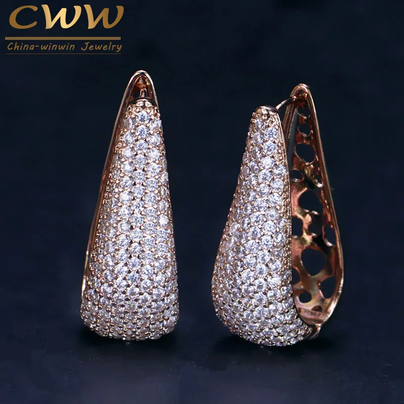 CWWZircons Full Micro Pave Cubic Zirconia Stone Gorgeous Rose Gold Color CZ Crystal Women Long Big Hoop Earrings Gift CZ032