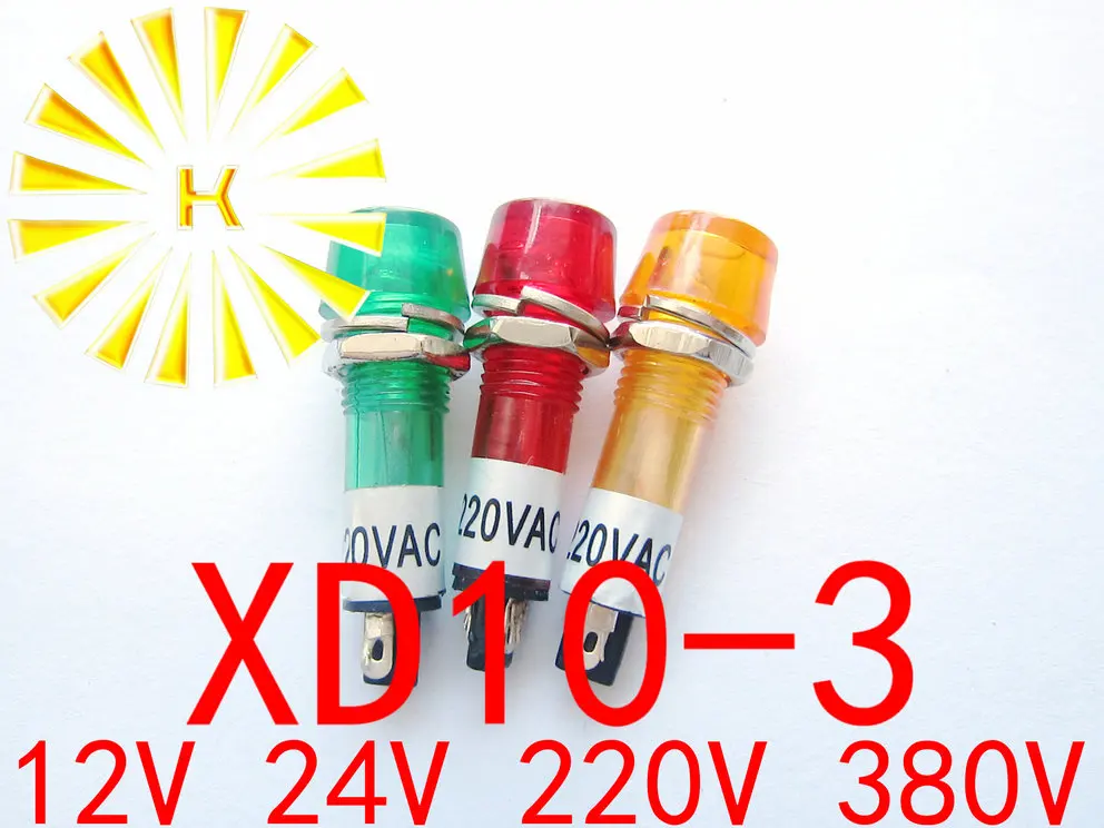 XD10-3 Signal Lamp Red Green Yellow 12V 24V 110V AC220V AC380V 10mm Plastic Mini Indicator Light Power LED Diode x 100PCS