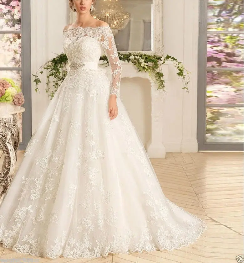 Wedding Dress White Ivory Long-sleeved Lace Bride Dress Strapless Lace Wedding Dress Stock: 6-8-10-12-14-16-18 +