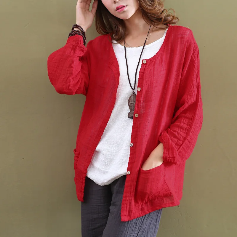 Ladies Long sleeve spring blouse cotton linen women\'s shirt casual female tops red and off white summer cardigan