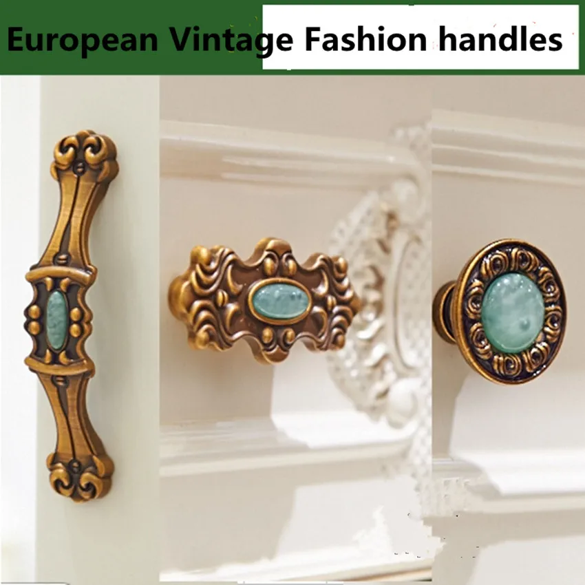 

32mm 96mm 128mm European style retro jade furniture handles bronze green jade kithcen cabinet wine cabinet drawer pulls knobs 5"