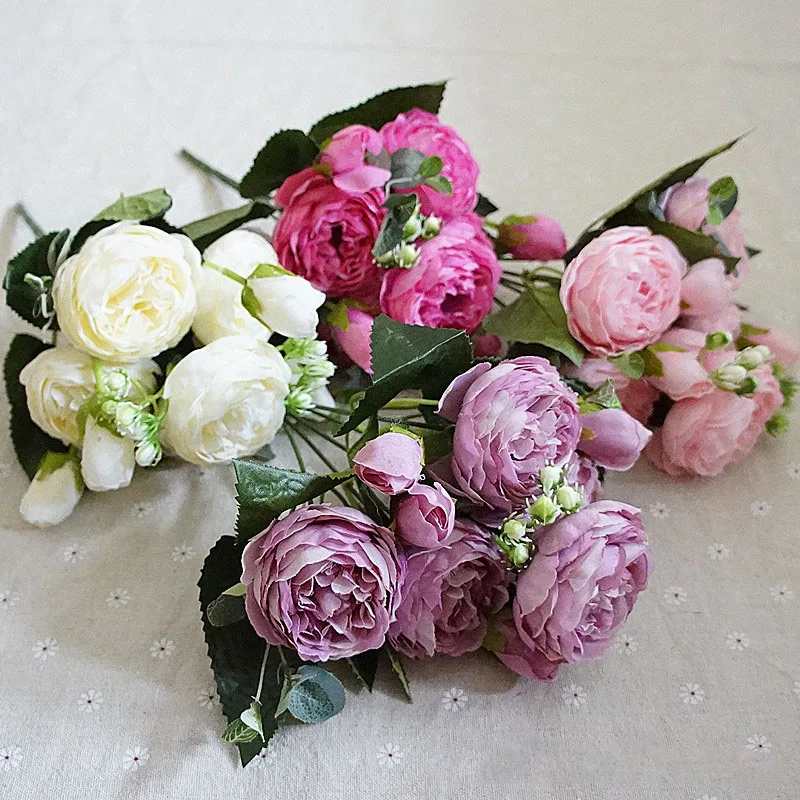 YO CHO 5 Heads Roses Artificial Flowers White Peonies Pink Silk Flowers Fake Roses Peony Bouquet Wedding Decor for Home Flowers
