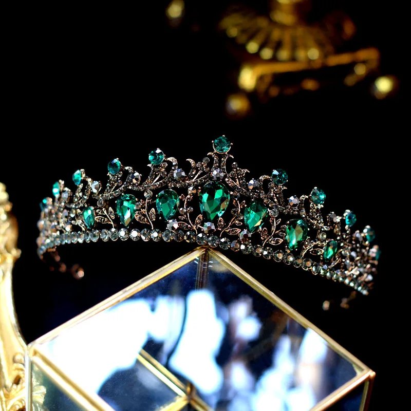 Baroque Vintage Black Green Crystal Bridal Tiaras Crowns Pageant Diadem Rhinestone Veil Tiara Headbands Wedding Hair Accessories