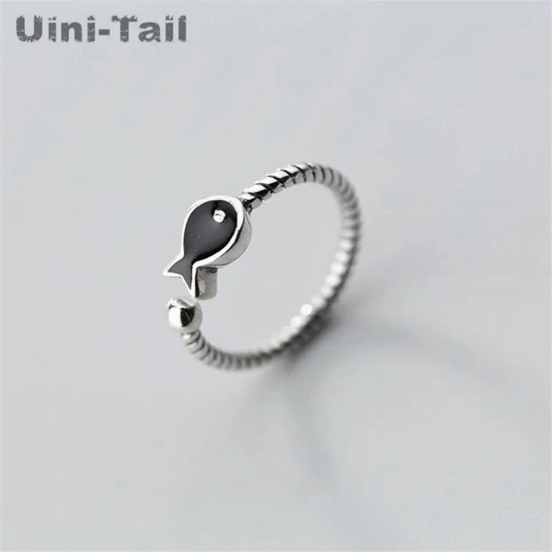 Uini-Tail hot new 925 Tibetan silver explosion models creative cute black fish open ring Korean fashion tide flow jewelry JZ080