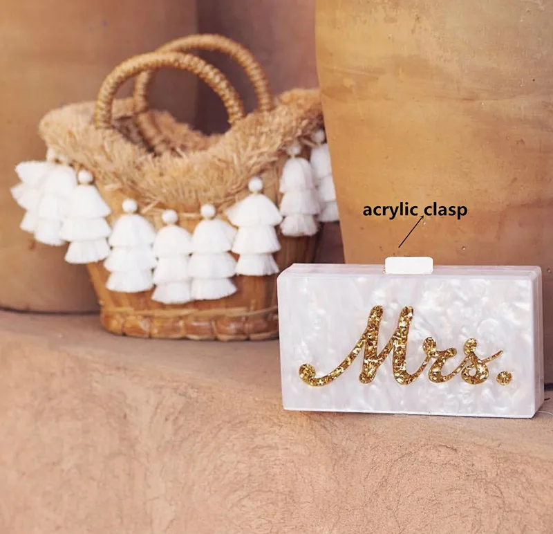 

Ins Hot Selling Acrylic Box Clutches Women Lady Evening Brand bag Pearl White with Silver Glitter Gold Glitter Name Mrs Letter