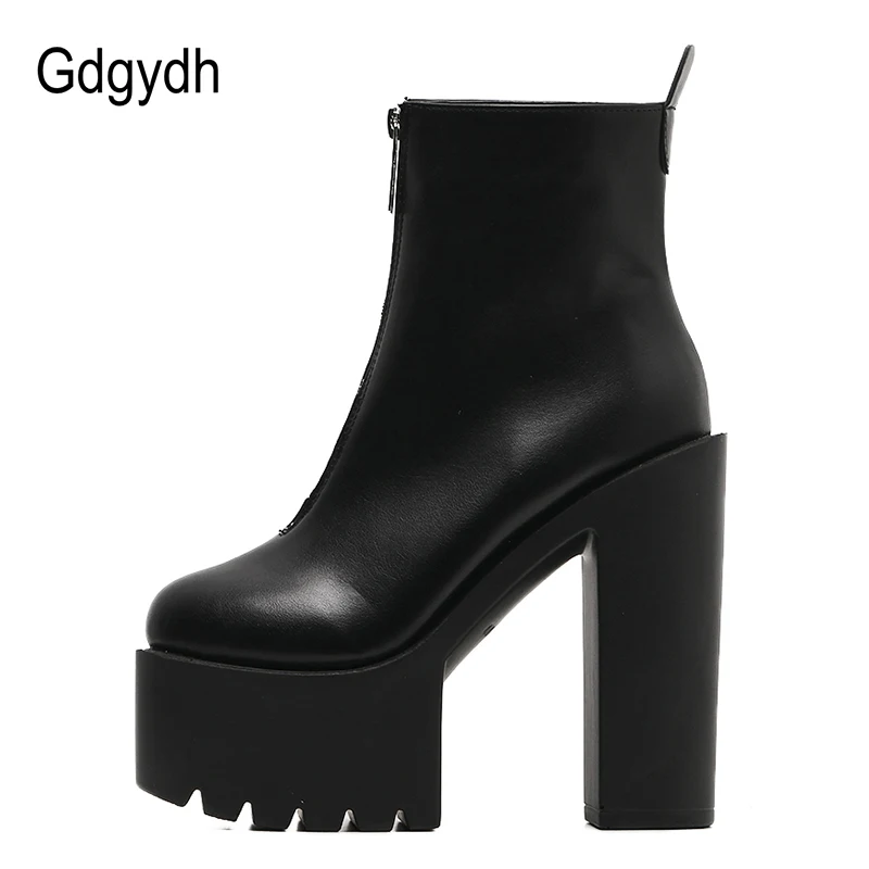 Gdgydh Fashion Autumn Women Ankle Boots Leather Black Female High Heels Shoes Ultra High Platform Heels Round Toe Lady Shoe