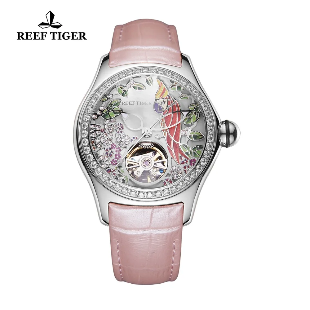 Reef Tiger Diamonds Fashion Watches Women Steel Genuine Leather Strap Automatic Analog Watches Waterproof RGA7105