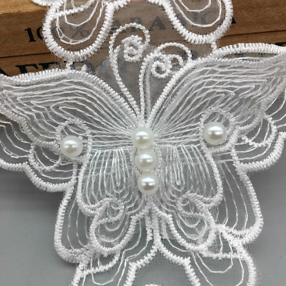 10/20pcs Organza Rhinestone Butterfly Embroidered Pearl Lace Trim Flower Applique Trimmings Ribbon Fabric Wedding Dress Sewing