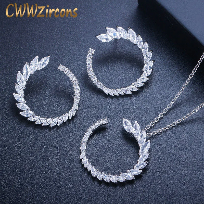 

CWWZircons Brand Designer Cubic Zirconia Half Round Leaf Pendant Necklace Earrings Fashion Women Everyday Jewelry Sets Gift T295