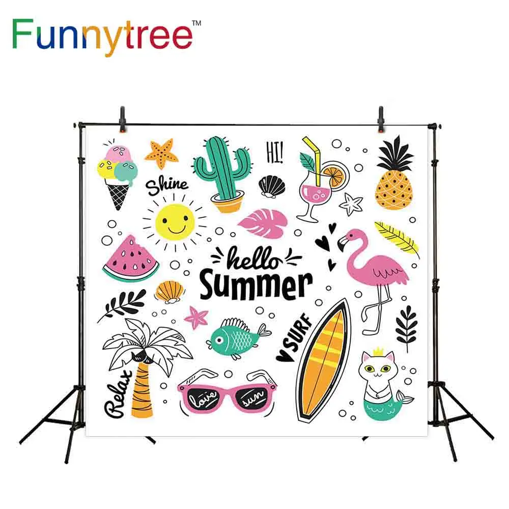 Funnytree backdrop for photo studio summer holiday Flamingo cartoon colorful funny doodle summer symbols background photocall