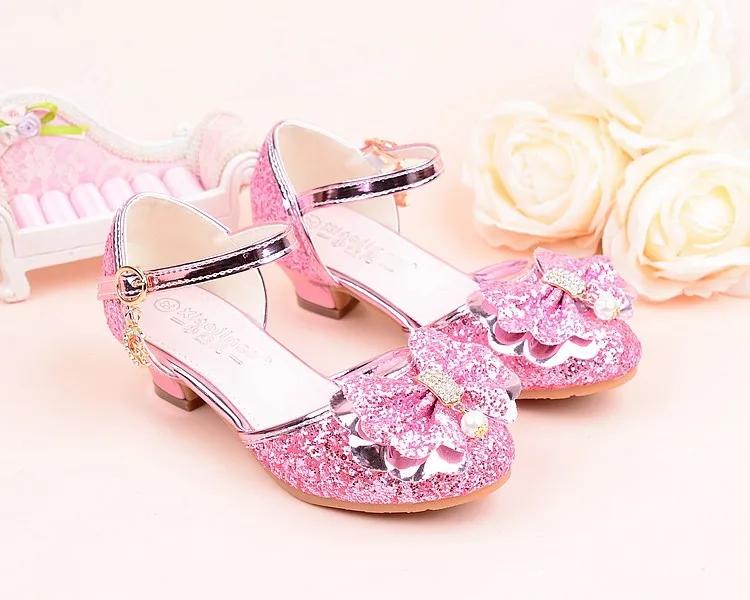 Summer girl shoes High Heels Princess Sandals Kids Wedding Beading Bowtie Shoes for Children Pink Gold Silver school  dance shoe