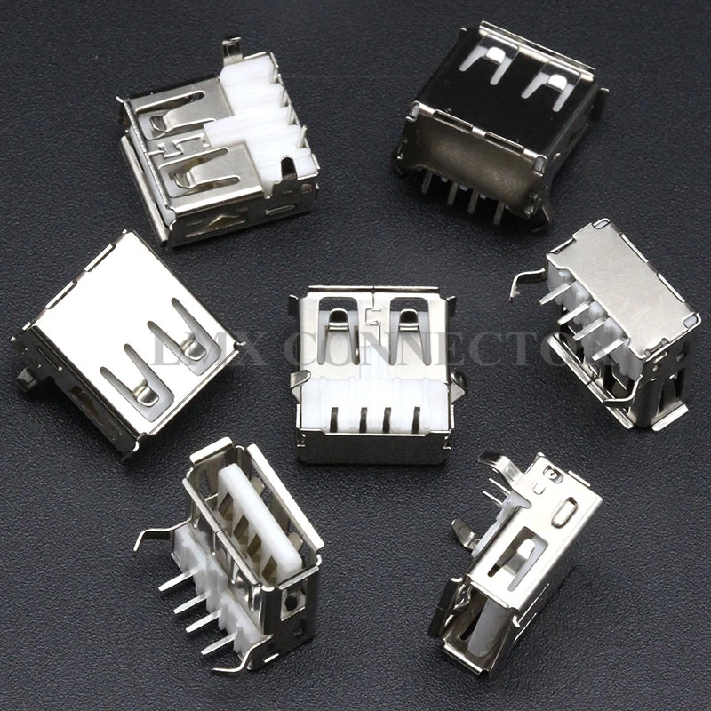 50PCS USB 2.0 Connector Female Socket AF 90 Degree DIP Bent Feet  USB Port  PBT with Back Cover Ironclad  Shell