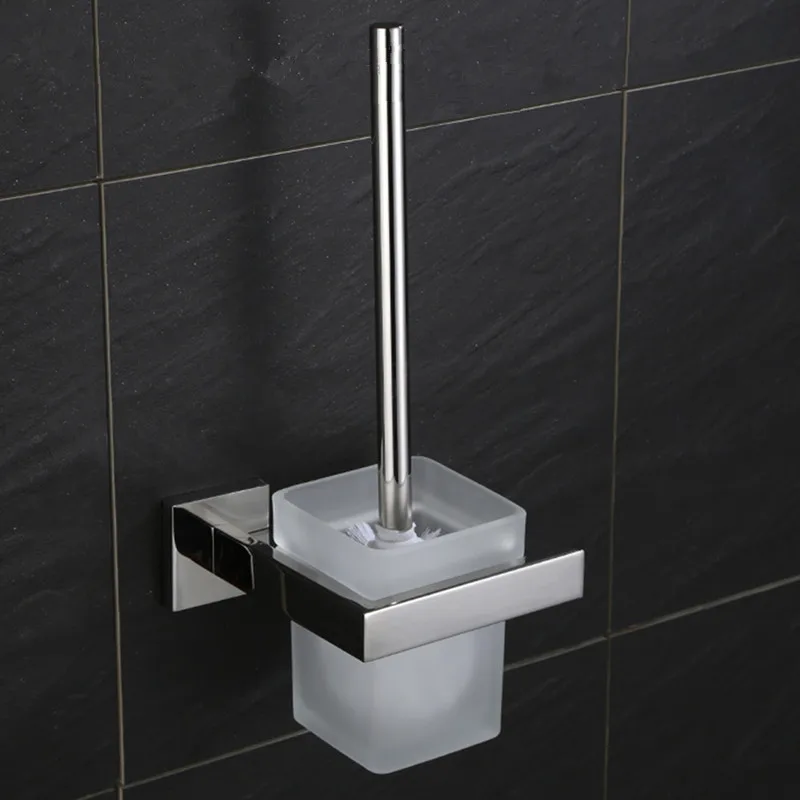 Modern Stainless Steel Wall Mounted Toilet Brush Holder Shelf Toilet Brush Organizer with Frosted Glass Brushed Nickel