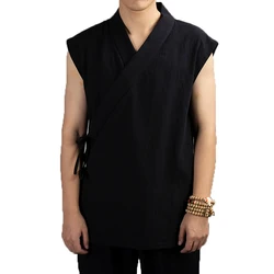 Traditional Chinese Clothing  Hanfu Men Linen cotton sleeveless Jacket mens tang suit Kimono Cardigan Male Open Stitch Coat