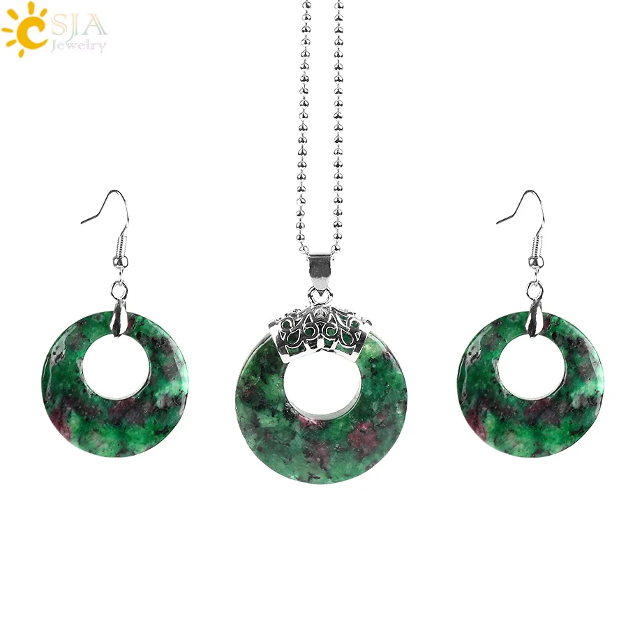 CSJA Jewellery Sets for Women Natural Hollow Round Gem Stone Onyx Unakite Purple Crystal Opal Earrings Necklaces Healing E568