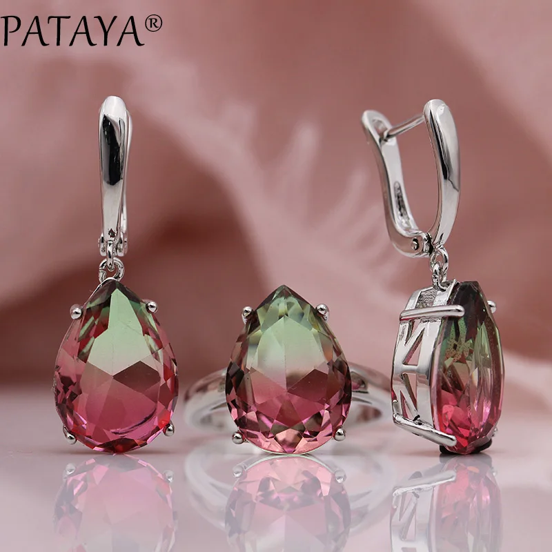 PATAYA New True White Gold Water Drop Tourmaline Color Natural Zircon Long Dangle Earrings Rings Sets Women Wedding Jewelry Set