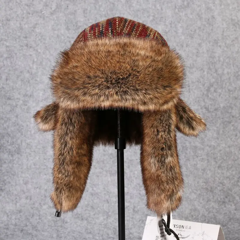 B-8433 Man Bomber Hat Rex Rabbit Fur Trapper Hats Winter Snow Caps Russian Ushanka Hat Earflap Ski Cap