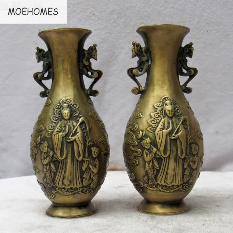 

MOEHOMES+pair of Free shipping Chinese Vintage Handwork Brass fengshui Goddess of mercy Vase vintage home decor metal handicraft