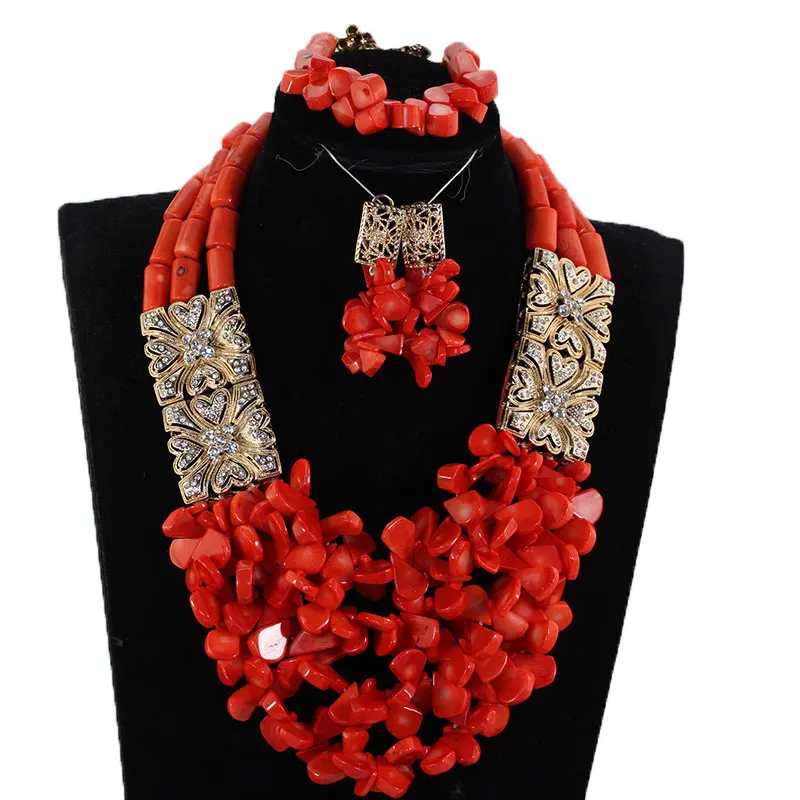 Luxury Red Real Original Coral Jewelry Set African Golden Accessories Bridal Wedding Set Free Shipping Items To Nigeria NCL731