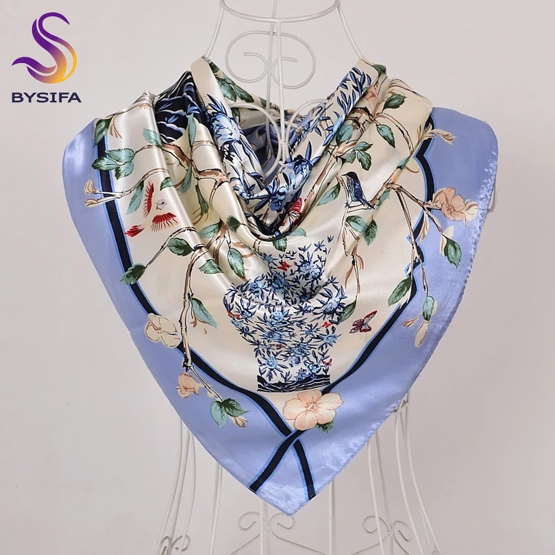 

[BYSIFA] Chinese Style Women Silk Scarf Ne Roses Vase Pattern Blue Satin Large Square Scarves Wraps Elegant Muslim Headscarves