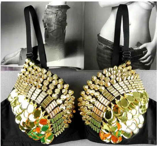 

Nightclub Underwear Gold DJ Bra Sexy Scales Rivet Dance Women Stage Sequin