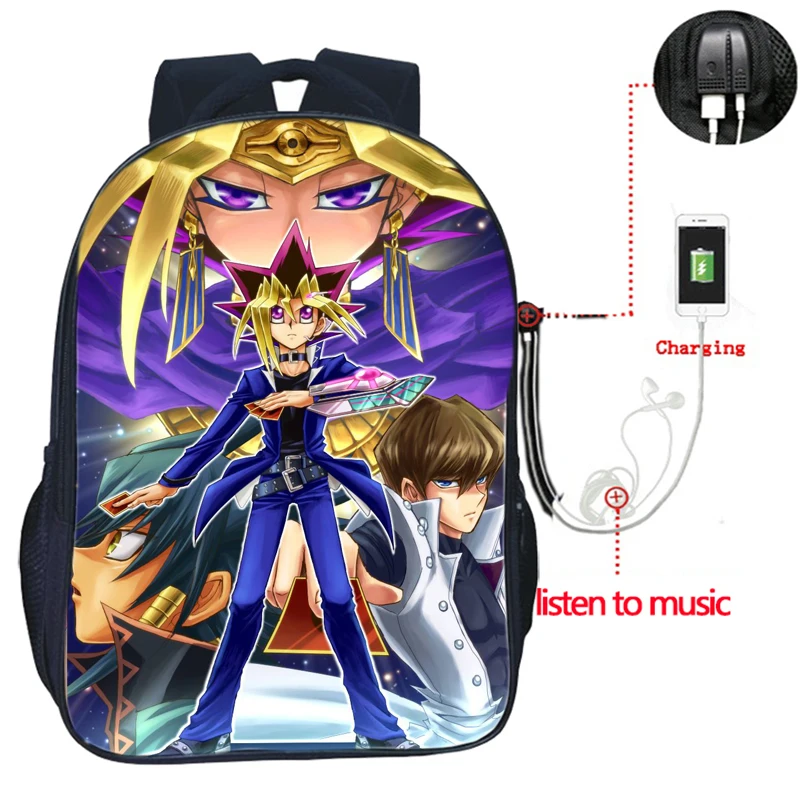 Mężczyźni kobiety chłopcy dziewczęta yu-gi-oh plecak USB Charge plecak piękne nastolatki plecak na laptopa Fashion Student School Bag