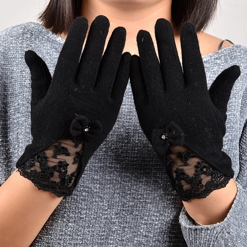 [BYSIFA] Sexy Black Lace Embroidered Wool Gloves Women Winter Thick Cashmere Soft Mittens Gloves Elegant Bow-knot Ladies Gloves