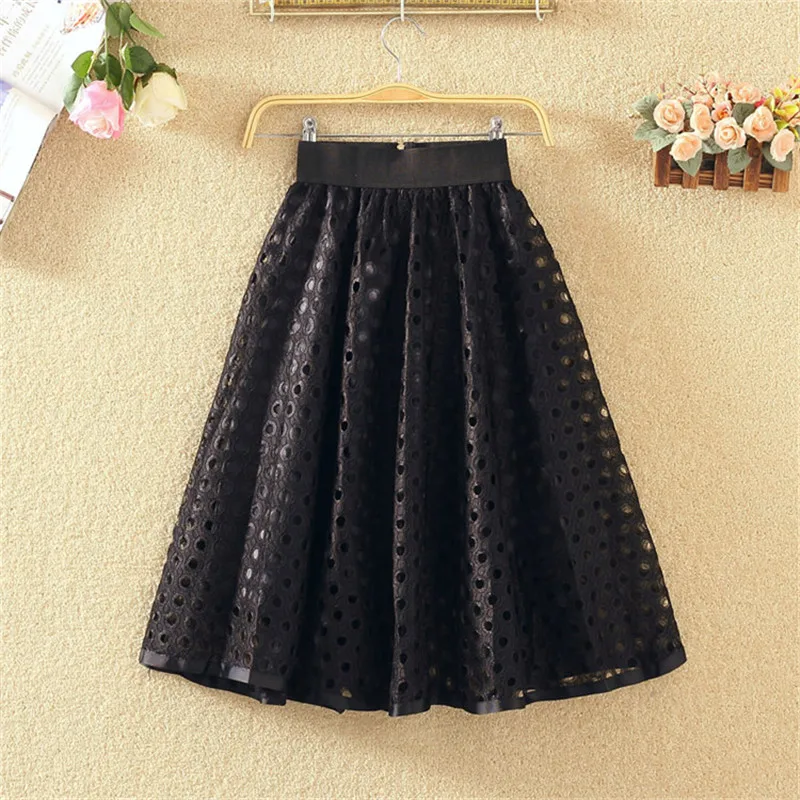 Sanishroly 2023 New Women Summer Sweet Skirt Dot Hollow Out Lace Skirts Female A-Line Mini Skirt High Waist Ball Gown Skirt S036