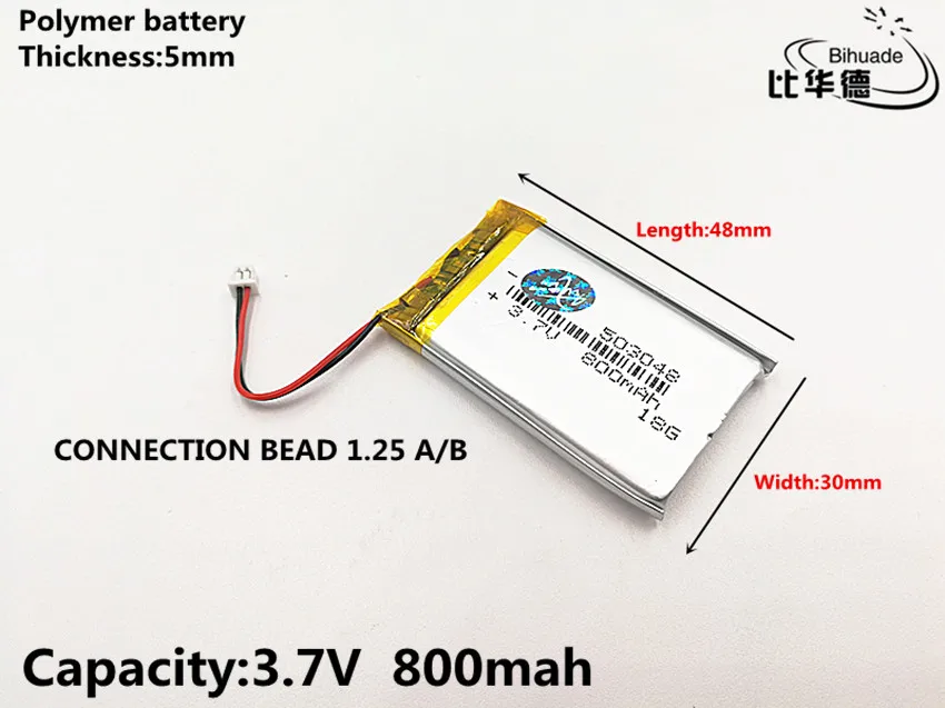 1pcs/lot CONNECTION BEAD 1.25 A/B 3.7V 800mAH 503048 Polymer lithium ion / Li-ion Rechargeable battery for DVR,GPS,mp3,mp4