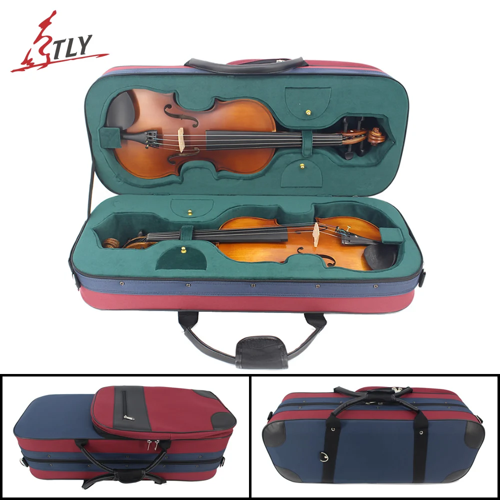 Red & Blue Stitching Oxford Fabric Foamed Rectangle Double Layer Violin Case with Bow Case Large Storage Bag Belt for 4/4 Violin