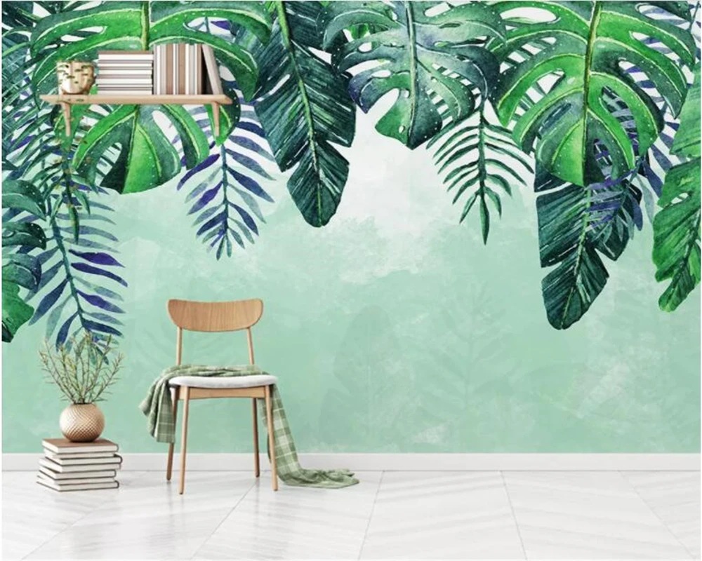 

Customize wallpaper HD Nordic minimalist hand-painted small fresh tropical leaves TV sofa background wall 3d wallpaper