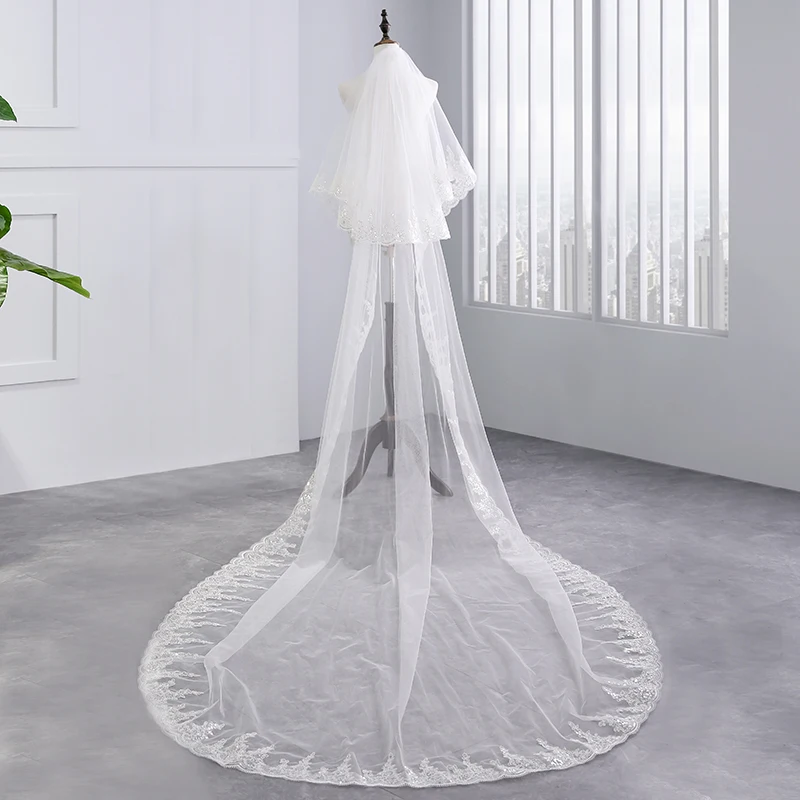 Free ship 3 M White Cathedral Wedding Veils Long Lace Edge Bridal Veil with Comb Ivory Wedding Accessories 2 Layers Wedding Veil