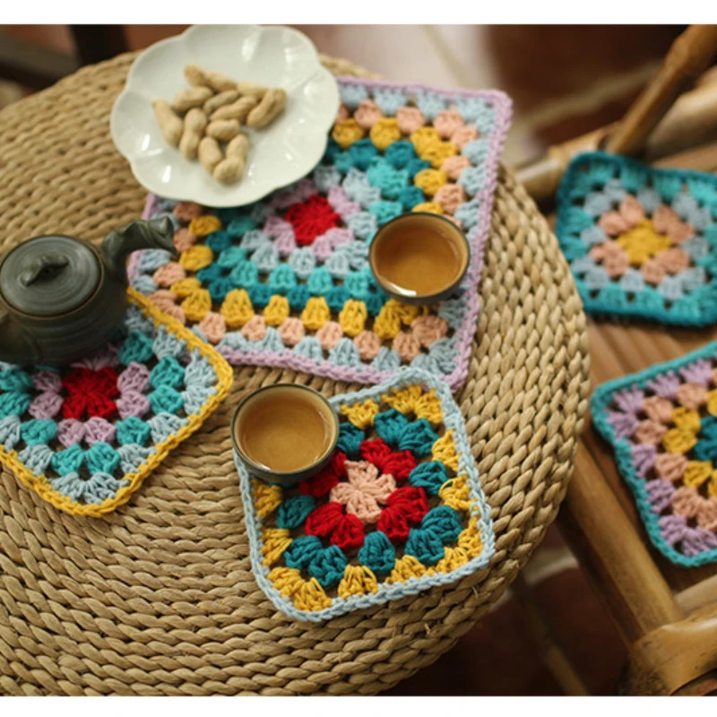 Original Handmade Crochet Doilies Suit Square DIY Colors Coaster Dining Room Table Decor Placemats Traycloth Prop 12-19CM 10pcs/