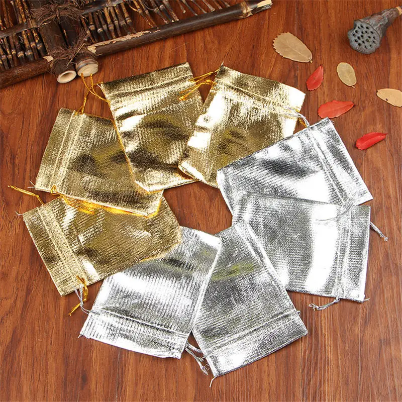 

100pcs/lot 7x9cm Gold Silver Satin Bags Wedding Decoration Drawstring Gift Bag Cute Charms Earrings Jewelry Packaging Bags