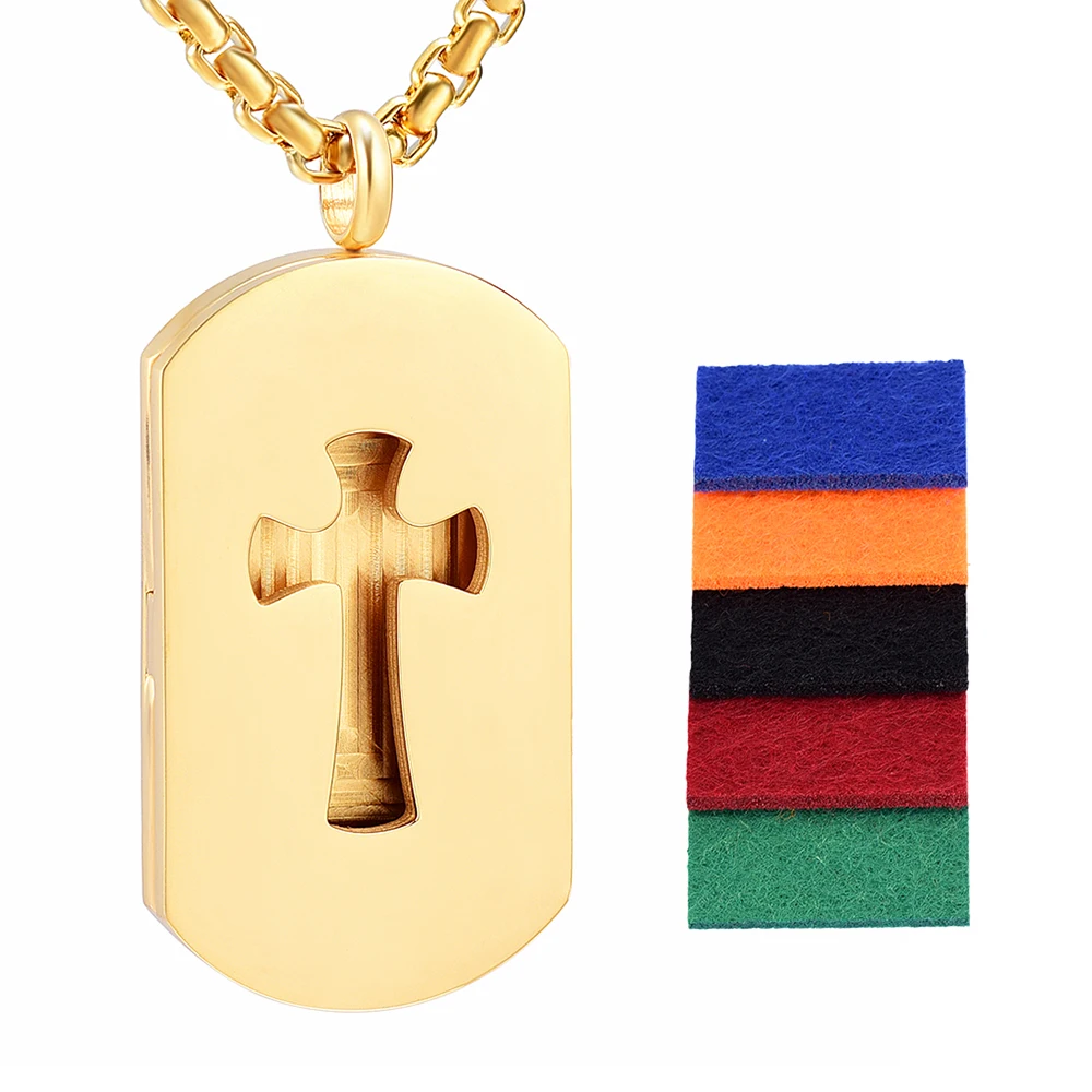 JJ001 Cut Out Cross & Dog Tag Stainless Steel Essential Oil Diffuser Necklace With Free Pads aromatherapy Pendant For Men