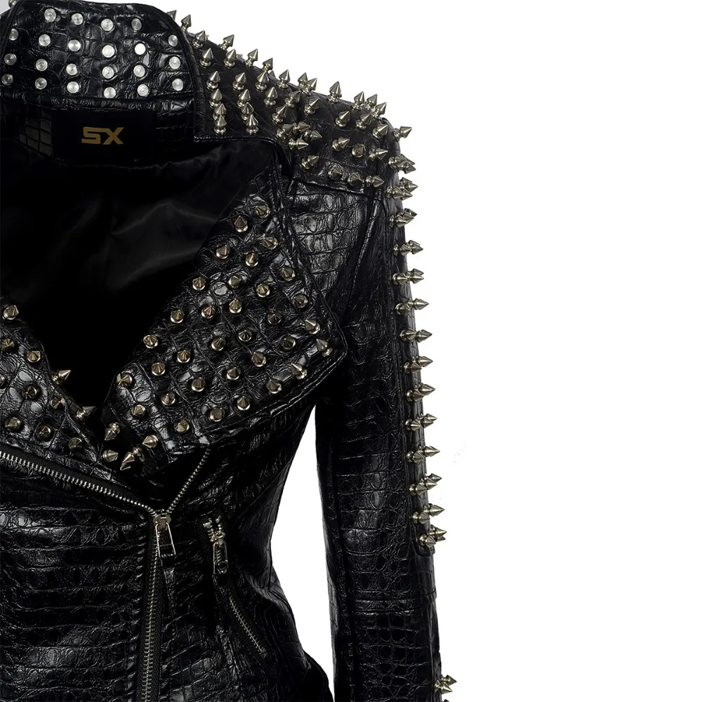 SX Occident Fashion women Club hot style Stud slim fit jacket shoulder rivets zip stitching short PU leather rock coat