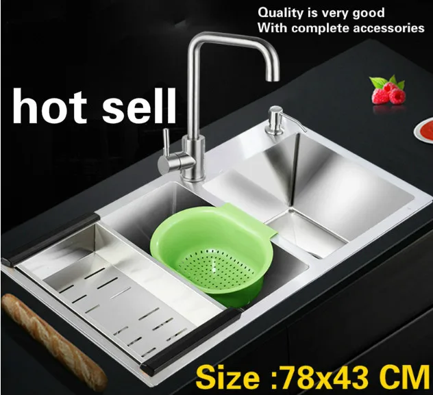 

Free shipping Household standard kitchen manual sink double groove do the dishes 304 stainless steel hot sell 78x43 CM