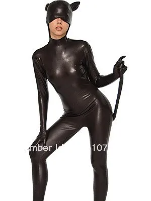 Zentai métallique en forme de chat noir, combinaison brillante imbibée