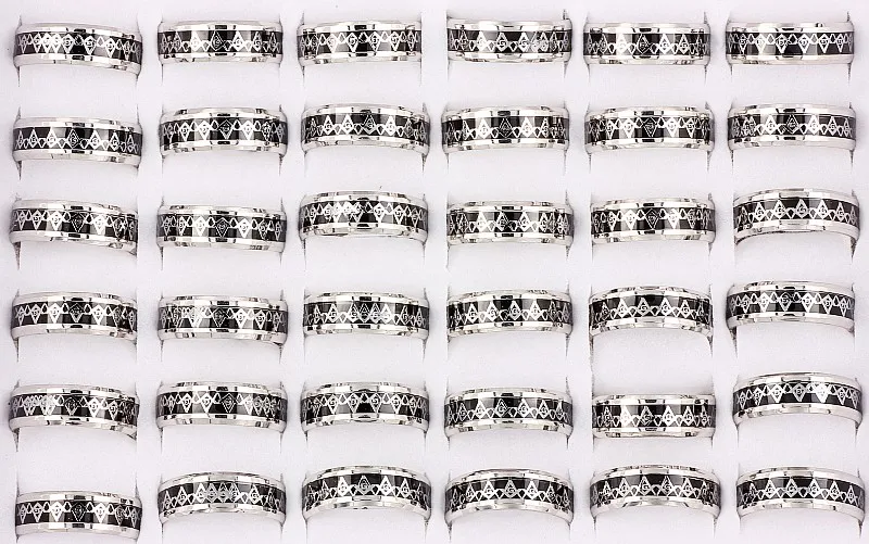 Wholesale Bulk Lots 12Pcs 8MM Stainless Steel Black Freemason Knights Templar Carbon Fiber Inlay Ring Xams Fashion Jewelry