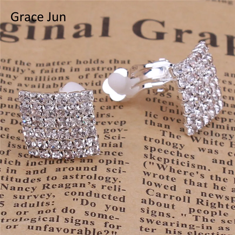 Grace Jun bridal earring 6 stand  Rhinestone square Clip on Earrings for Women No Hole Ear Clip Fahion Jewelry Accessories