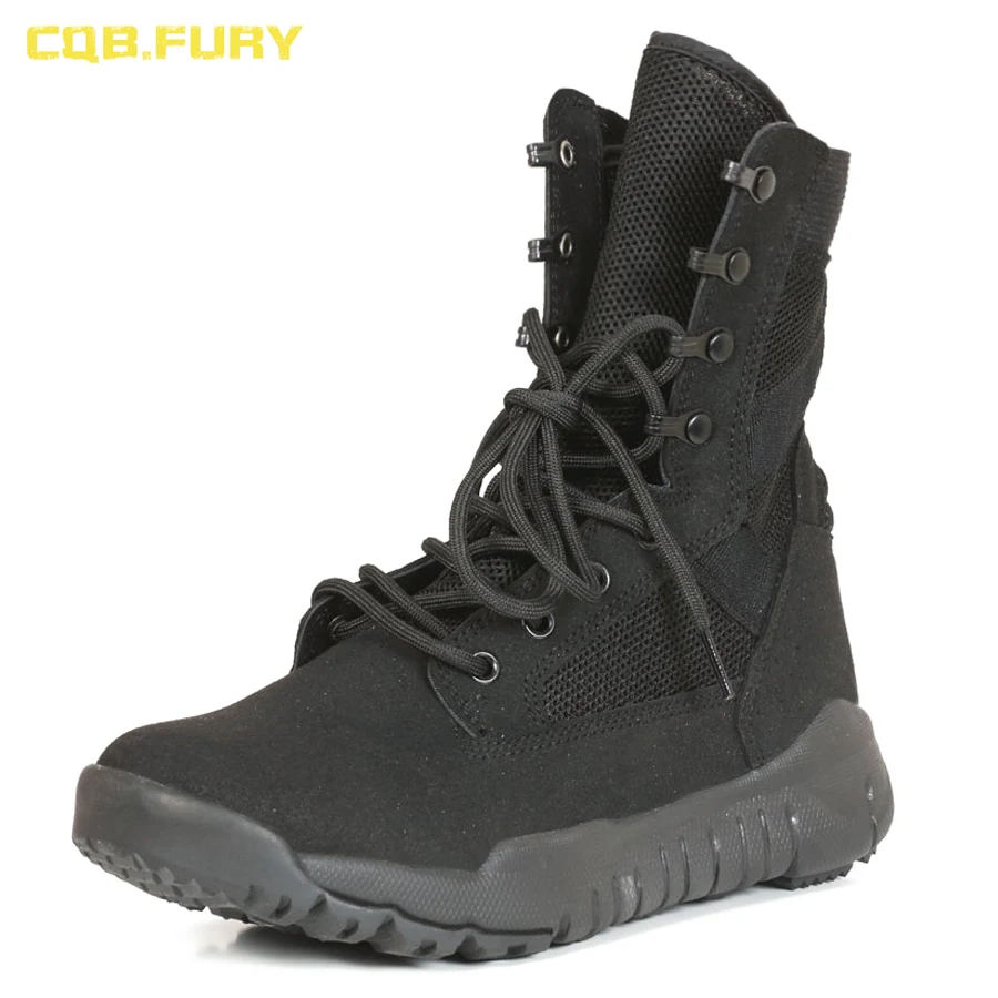 CQB.FURY Summer Super Light Breathable Mens Black Suede Leather Boots Wearable Mesh Boots