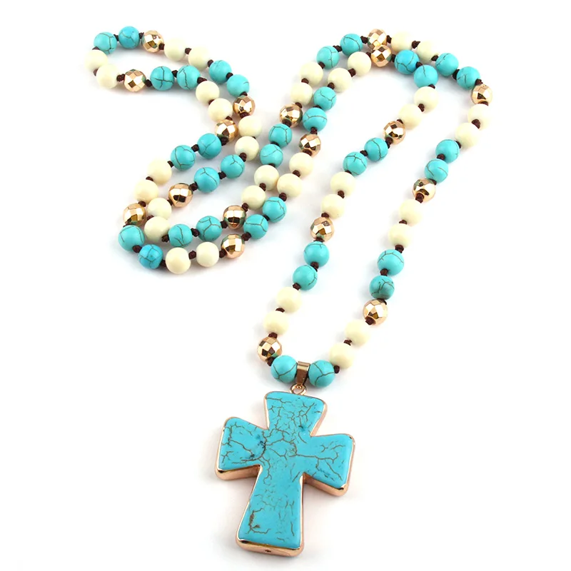 Fashion Bohemian Tribal Jewelry Magnetic Beads Semi Precious Stones Long Knotted Stone Cross Pendant Necklaces  Ethnic Necklace