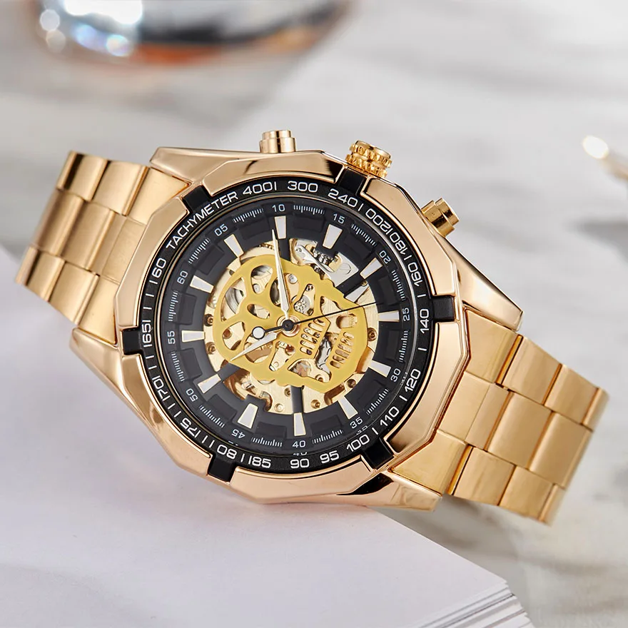 Luxury Gold Skull Automatic Mechanical Men Watch Skeleton Stainless Steel Self-wind Wrist Watch Men Big Clock relogio masculino