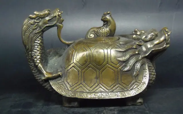 

Copper Brass craft Old Handwork chinese copper Carved Dragon Phoenix turtle head cover Teapot