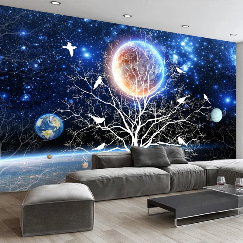 3D Cartoon Murals Wallpaper Modern Starry Sky Tree Flower Bird Photo Wall Cloth Children Kid's Bedroom Home Decor Wall Covering