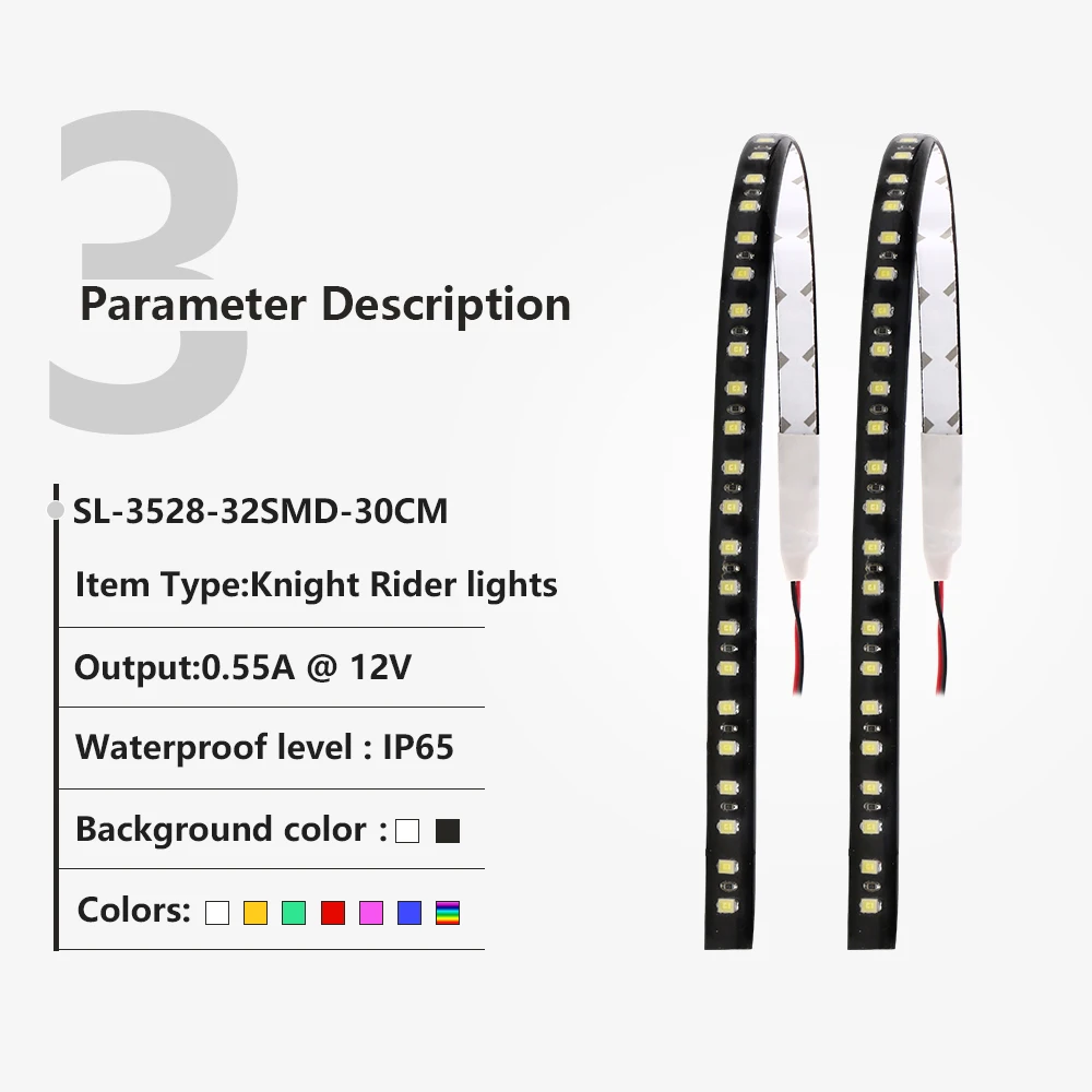 30CM 11.8\'\' Led Car Strip Scanning Light 3528 32 12V Flash Decorative Knight Rider Light Flexible Waterproof White Red Blue 2Pcs