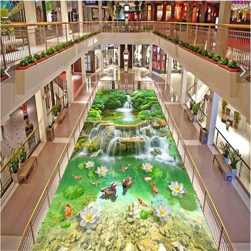 HD Stream aquatic financial year Yu Yuanyang lotus landscape painting custom 3d large self-adhesive waterproof PVC floor sticker