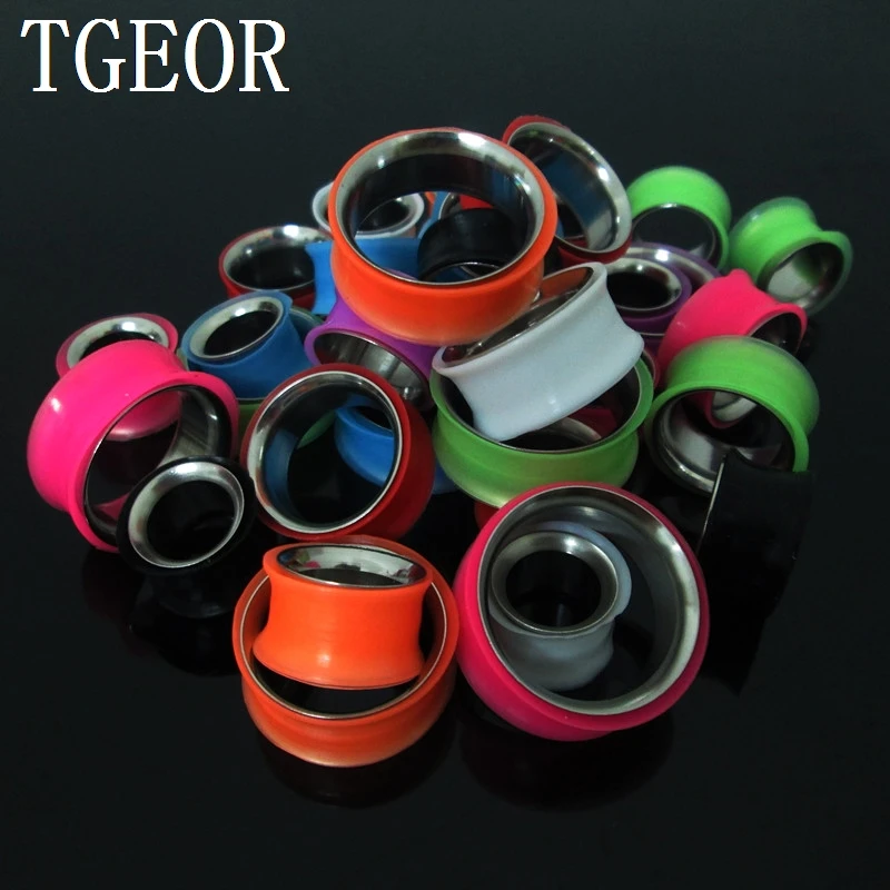 Retail 1pcs double flare silicone and stainless steel mixed colors ear tunnels 100% NEW